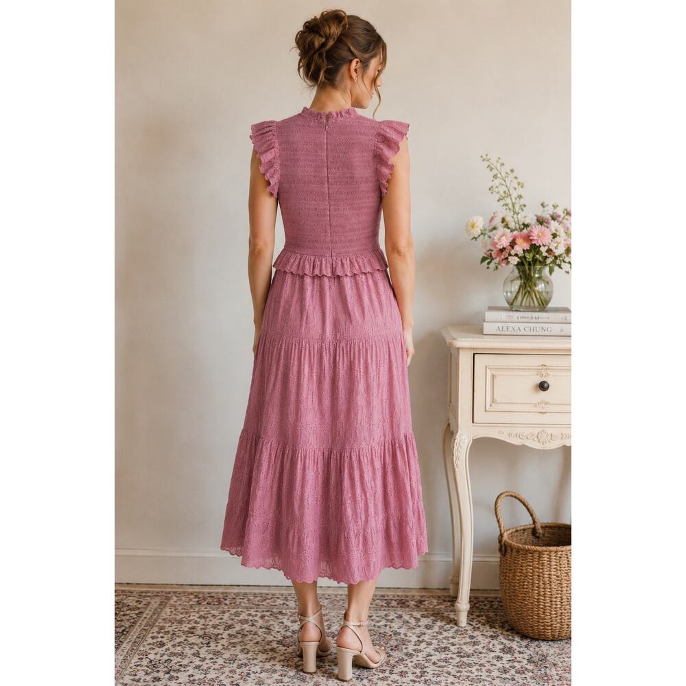 Sea New York 100% Cotton Pink Ingrid Smocked Ruffle Eyelet Midi Dress Size 2 - Picture 2 of 7